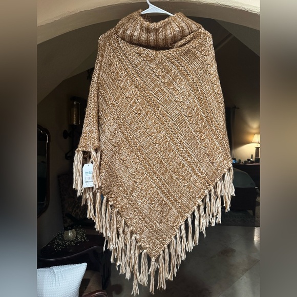 Time and Tru Sweaters - Time and Tru Tan Knit Poncho with Fringe